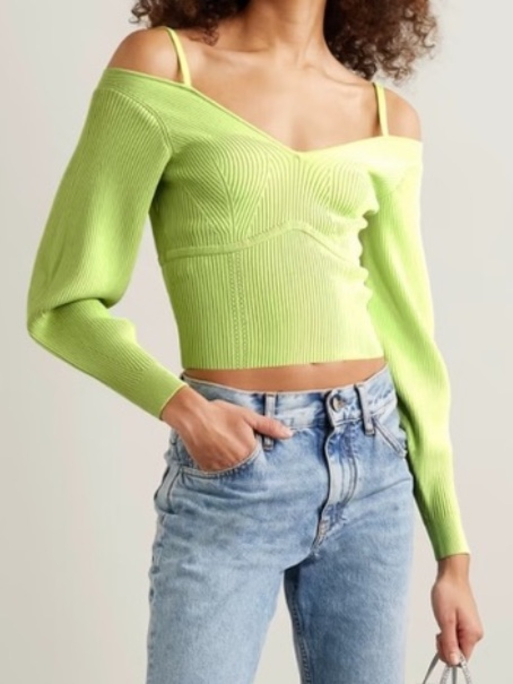 Self Portrait Off The Shoulder Knit Top in Avocado Size S